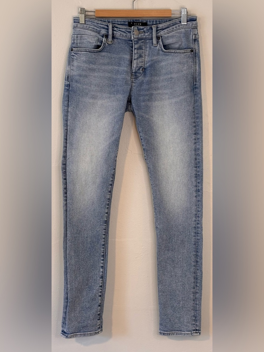 NEUW Men’s Iggy Skinny Straight Jeans in Abstrakt Blue Wash Button Fly 29 x 32